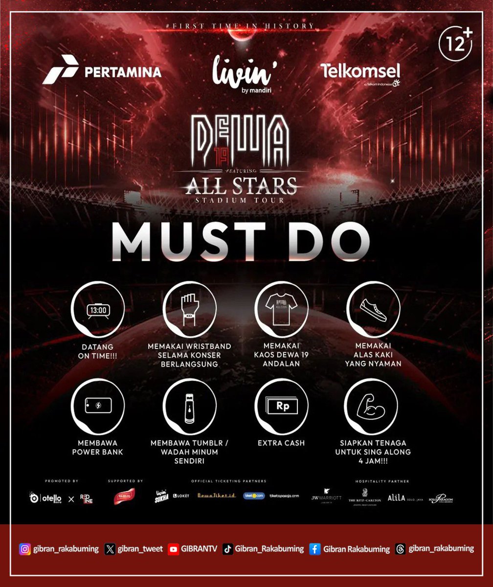 Must Do!

1. Datang on time
2. Pakai wristband selama konser
3. Pakai kaos Dewa 19 andalan
4. Pakai alas kaki yang nyaman
5. Bawa power bank
6. Bawa tumblr/wadah minum sendiri
7. Extra cash
8. Siapkan tenaga untuk sing along 4 jam!