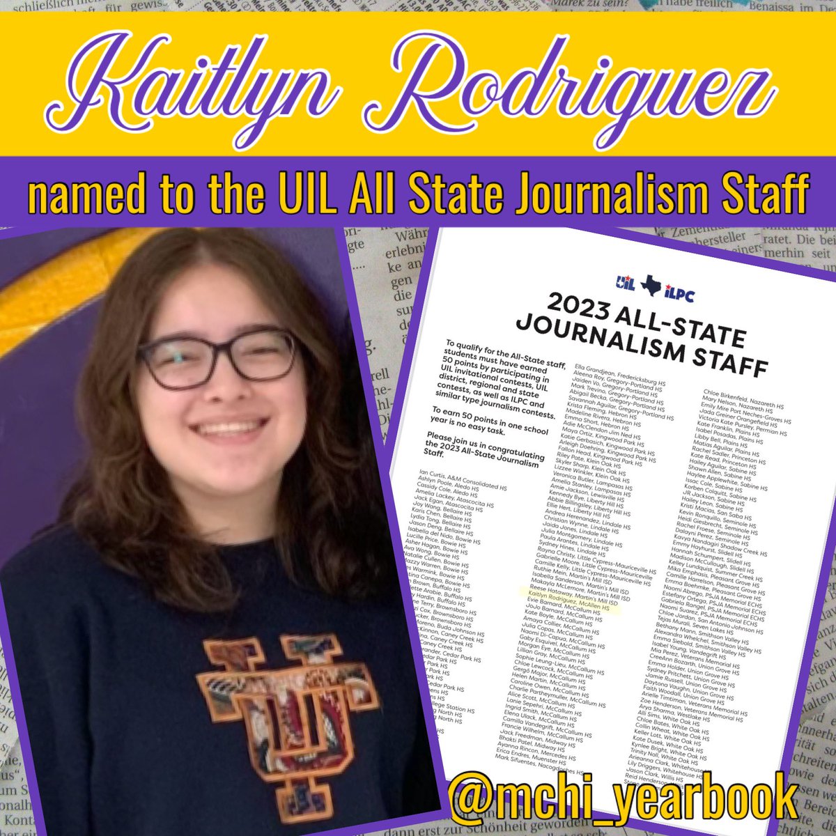 It is with great excitement that we 
announce Kaitlyn Rodriguez has been officially selected for the UIL All State Journalism Staff. We cannot express how proud we are of her dedication, hard work and pure awesomeness! Congratulations, Kaitlyn! <a href="/McallenHigh/">McAllen High School</a> @mcallenisd <a href="/McHiUIL/">McHi UIL Academics</a>