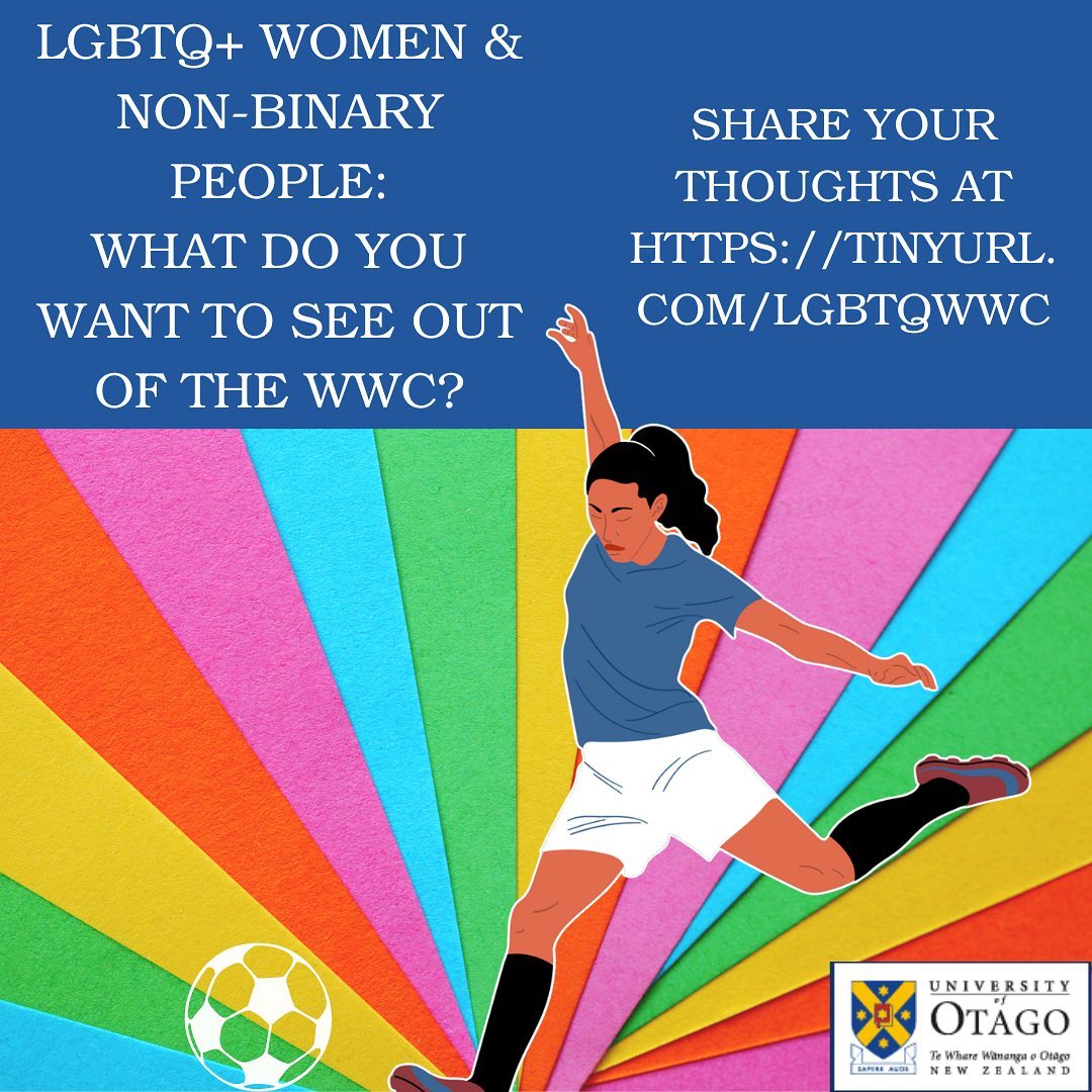 Researchers from the University of Otago and the University of Waikato in New Zealand are interested in the experiences of LGBTQ+ women &amp; non-binary people attending the 2023 WWC and what is being done to create inclusive environments in football. 

Visit otago.au1.qualtrics.com/jfe/form/SV_3B…