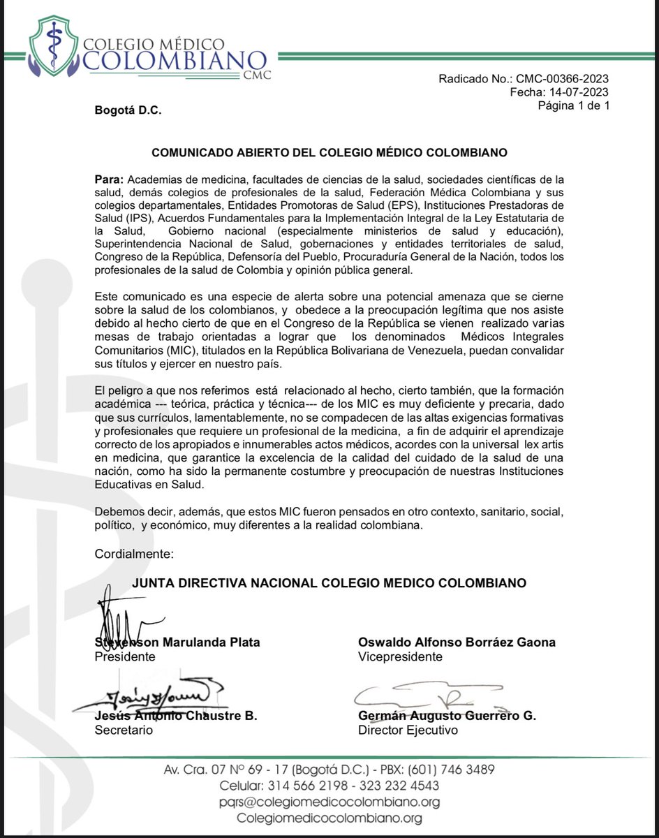 NO A LA CONVALIDACIÓN. Este comunicado emitido debe ser un llamado de atención para que se genere una Evaluación de la Calidad PROFESIONAL que licencie, acredite y certifique periódicamente. Sólo así se garantiza una atención con calidad, sea el médico nacional o internacional.
