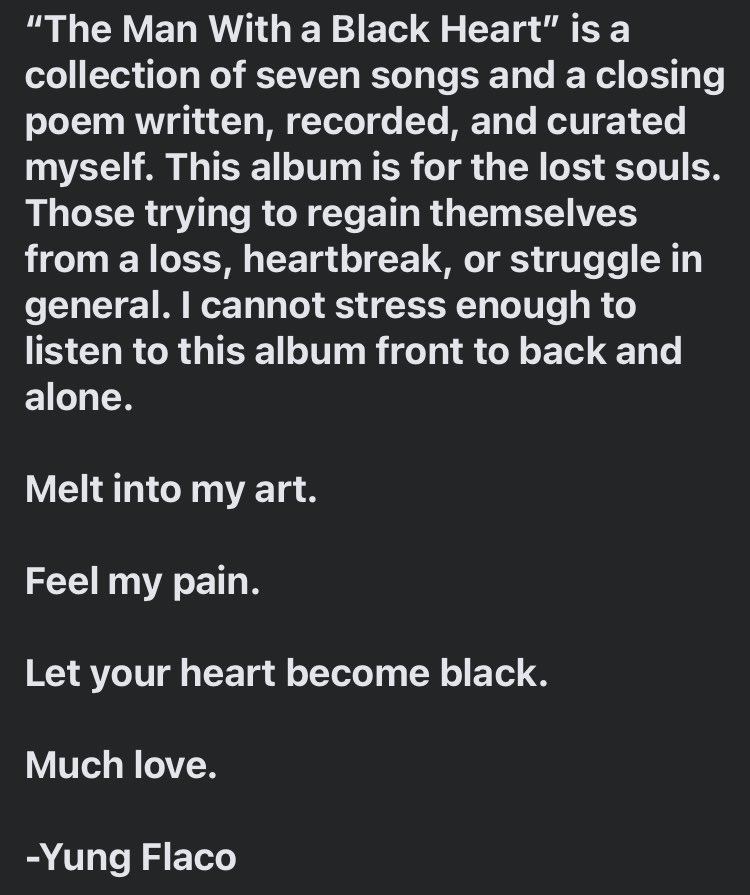 “Melt into my art.. Feel my pain.. Let your heart become black. Much love..” - Yung Flaco distrokid.com/hyperfollow/yu…