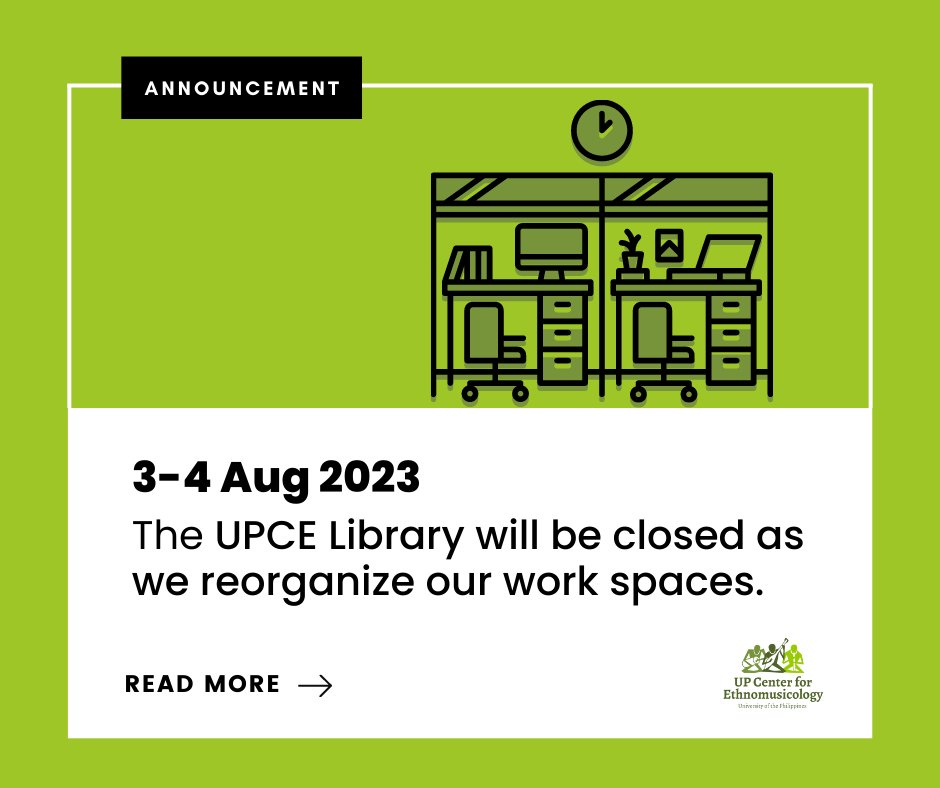 UPEthnoM's tweet photo. ANNOUNCEMENT
3-4 August 2023

The UPCE Library will be closed as we reorganize our work spaces. Email at upethno_archive.upd@up.edu.ph so we can assist you with your research needs.

The admin office will be open for regular operations.

Thank you! https://t.co/djSFCdJWnC