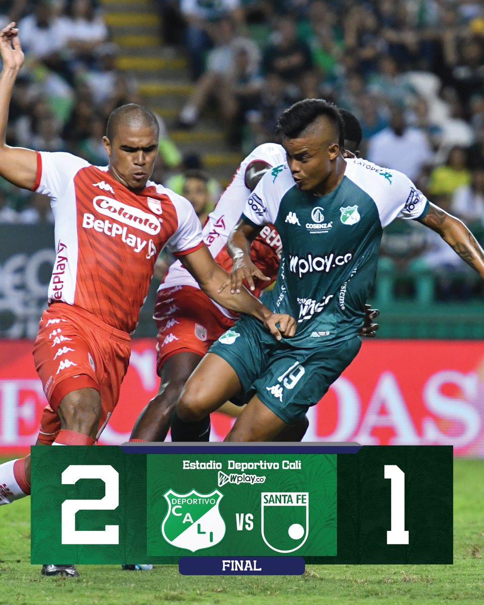 DeportivoCaliCP's tweet photo. ⏱️ 90+8’ ¡¡¡GANÓ DEPORTIVO CALI!!! Con goles de Germán Mera y Luis Sandoval el verdiblanco le dio vuelta y se lleva la ventaja en la primera llave de la serie.

¡VAMOS CALI!

Cali 2⃣-1⃣ Santa Fe

#VamosCali🇳🇬
#CopaDimayor🏆 https://t.co/qCsxgVcMKf
