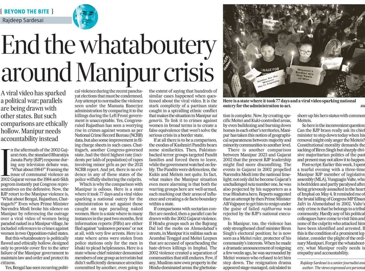 Friday column: do read carefully. 
Forget whataboutery, what Manipur needs is accountability! 
‘Whataboutery is politically flawed and ethically hollow; designed only to provide cover fire to the utter failure of the Manipur govt to maintain law and order and protect its