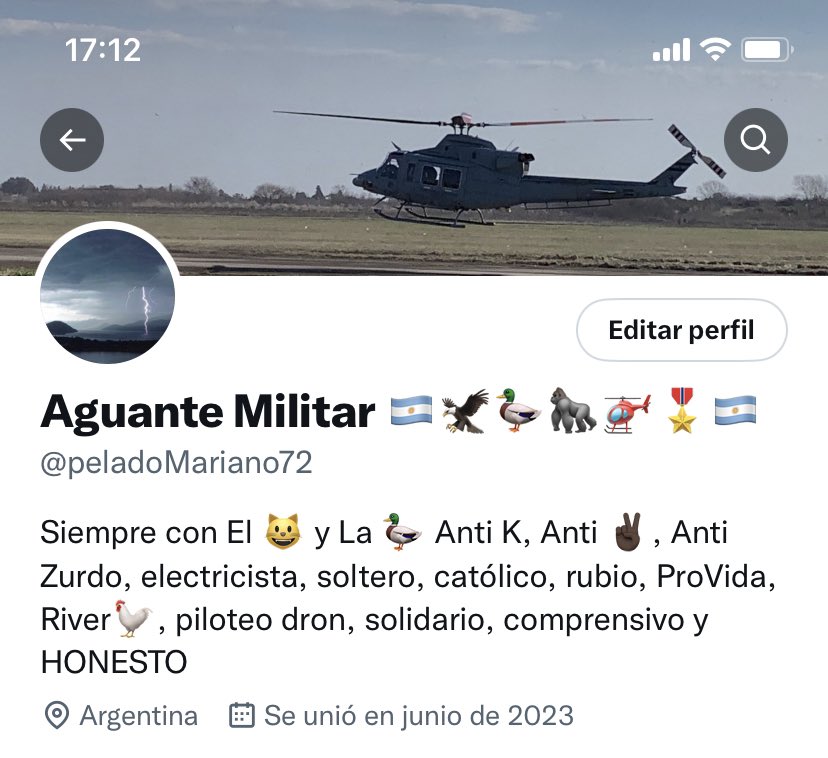 peladoMariano72's tweet photo. En mi @peladopelado50 tuve 5500 seguidores, me suspendieron definitivamente por decir merecidos para muchos políticos y delincuentes ! 
Con RT se los agradecería muchísimo ! Mismas fotos de portada y nombre Aguante Militar, cuanto tw me permita devolveré follow ! Muchas gracias ! https://t.co/P8TznluNMx