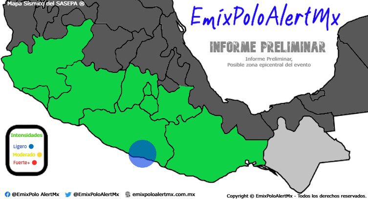 EmixPoloAlertMx's tweet photo. Informe Preliminar del evento: #Sismo del 27 Jul 2023 21:01:24 hrs. en San Marcos, Guerrero. Se estimó un efecto LIGERO en la zona del evento. Más información en https://t.co/GVmETpGBFR
#LaPrevenciónEsNuestraFuerza, #EmixPoloAlertMx. https://t.co/BGn0B3ONQa