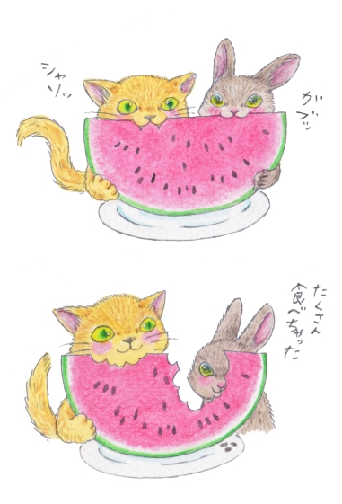 昨日はスイカの日だったんだって🐱🍉🐰
（再掲）