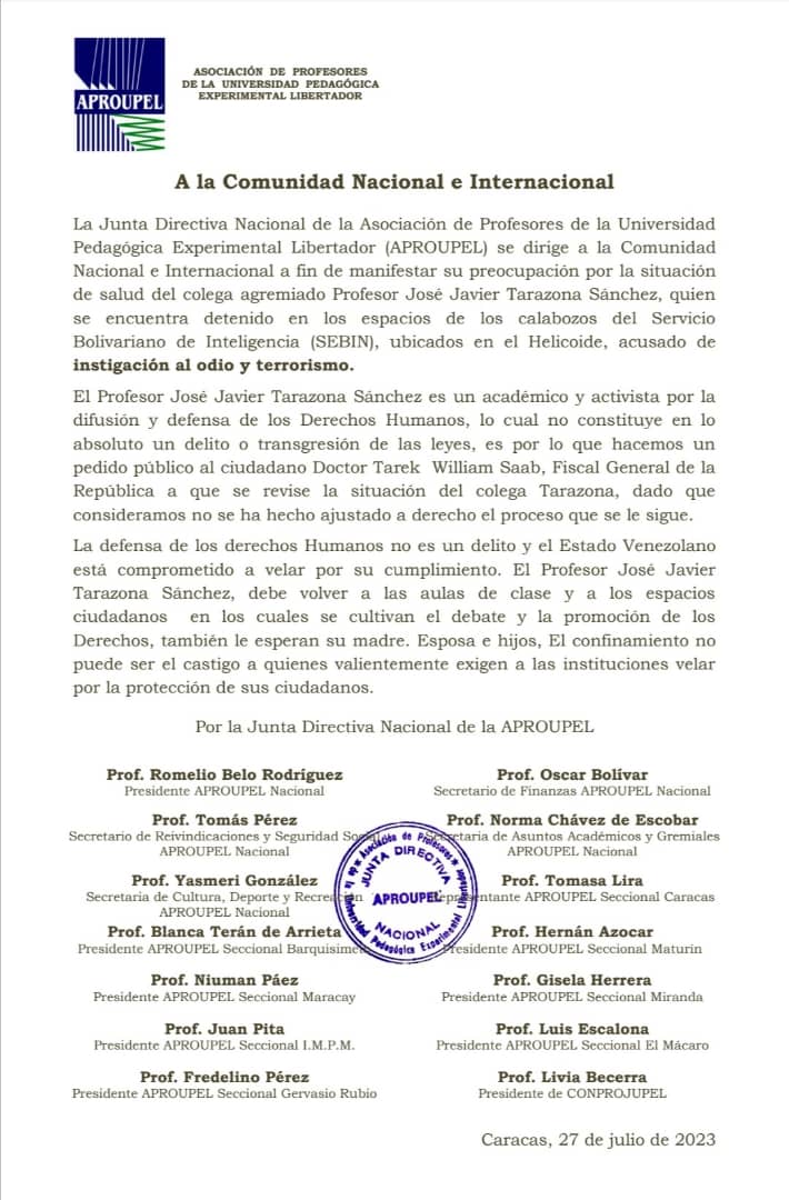 FreeJavierTaraz's tweet photo. La asociación de profesores de la universidad pedagógica experimental libertador y las directivas APROUPEL en sus 8 institutos pedagógicos exigen la libertad de Javier Tarazona profesor de la UPEL a través de un comunicado nacional e internacional, defender los DDHH no es delito https://t.co/lxEZip86da