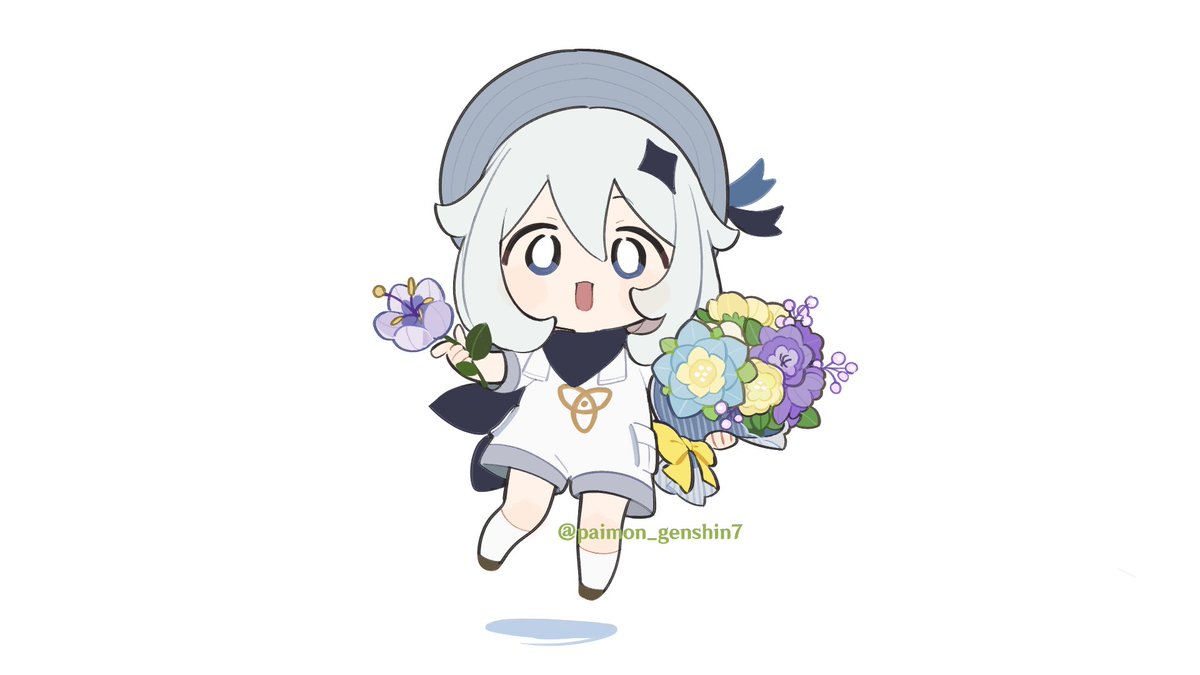 paimon (genshin impact) 1girl flower bouquet chibi holding bouquet hat holding  illustration images