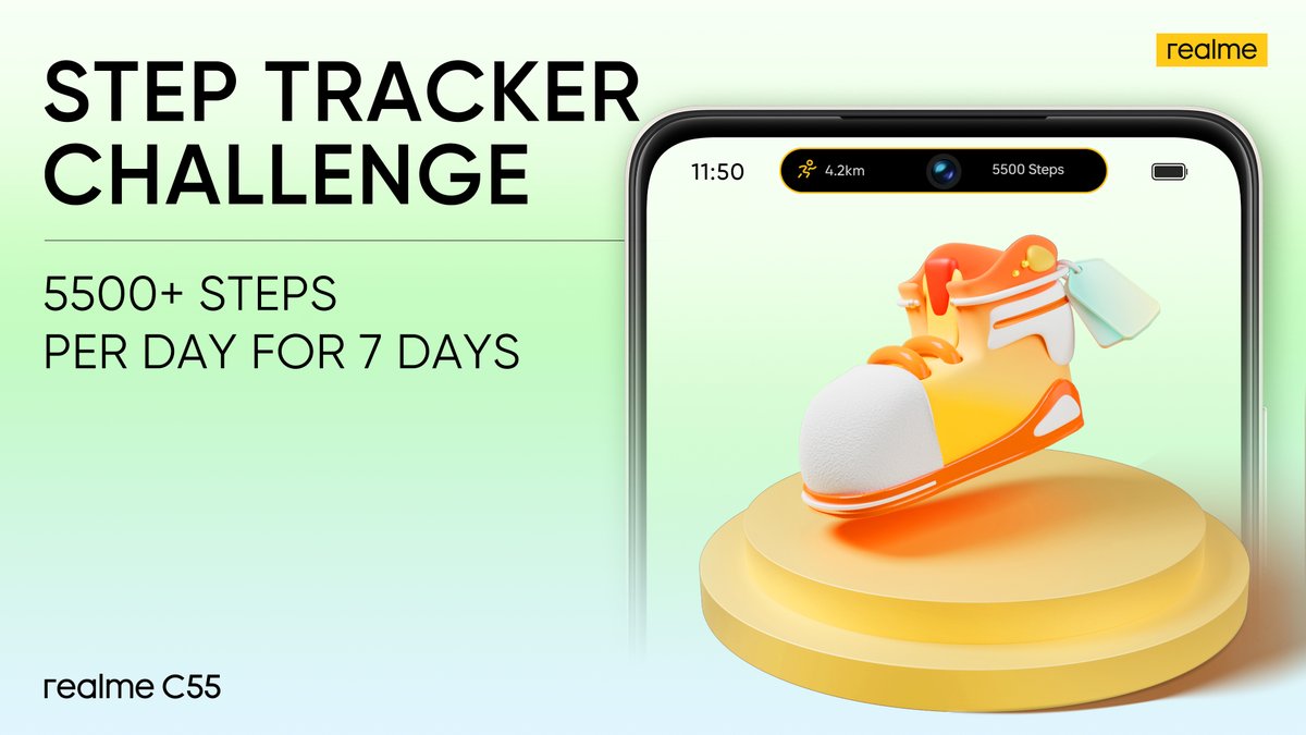 realmeglobal's tweet photo. Let's make a pact: 5500+ steps every day for 7 days for a chance to win BIG!  Here are the rules:
- Screenshot your step counter every day for 7 days
- Next Friday, we'll do another post for the #StepTrackerChallenge
- Send your screenshots as a comment on that post
 #Giveaway https://t.co/8aQA7r5XZu