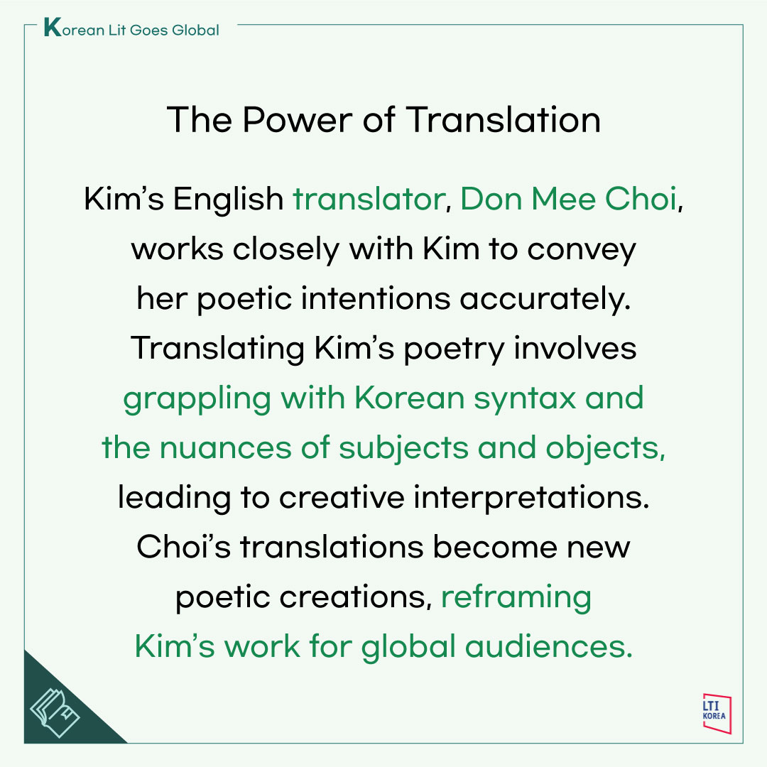 ltikorea's tweet photo. (3/3)🖋️@DonMeeChoi, her translator, plays a crucial role in bringing her work to English readers.
🗞Read the full article: https://t.co/pmdafod47F
📚Explore her #books in #translation at our Digital Library: https://t.co/ZyL4ERXwAt
#KoreanPoets #PersonsOfInterest #feminism https://t.co/Kdii7N6Baw