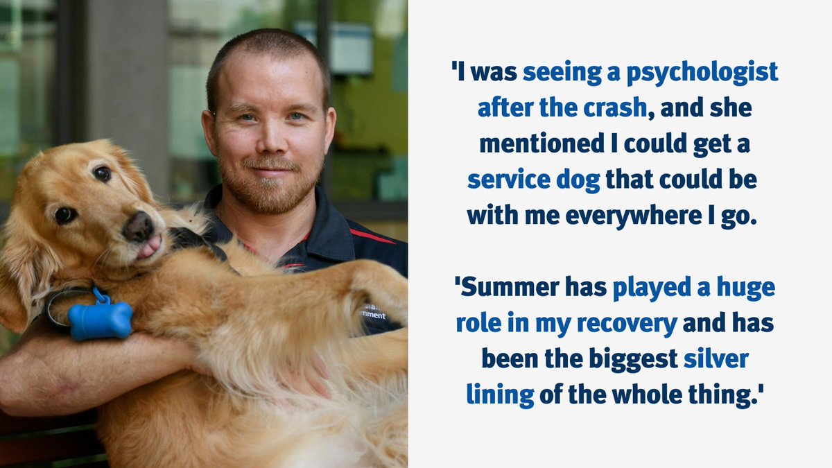 qldhealth's tweet photo. Biomedical technician Thomas credits his assistance dog Summer with being the reason people greet him everywhere he goes and for helping his mental wellbeing. 🤗 🐕

Summer came into his life six years ago after he was injured in a car crash.

Via: @TownsvilleHHS

#HealthHero #QldHealth