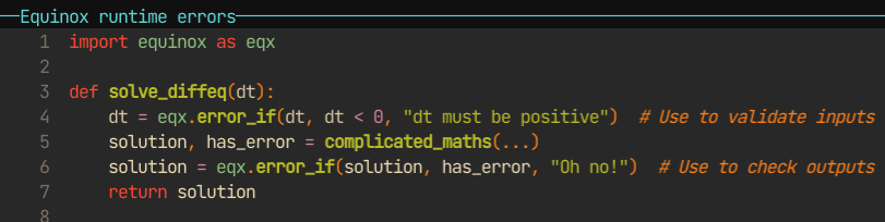 ⭐️The newest Equinox release includes something very special: runtime errors for #JAX!⭐️

And if you set the `EQX_ON_ERROR=breakpoint` environment variable, they will automatically open a debugger on error.

Docs: docs.kidger.site/equinox/api/er…
GitHub: github.com/patrick-kidger…

1/