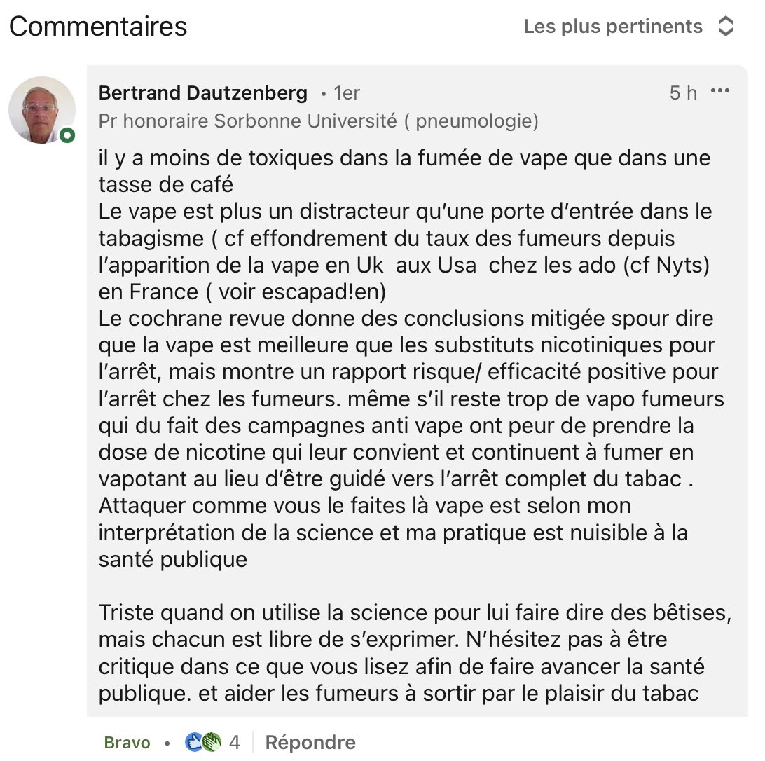 Le rien pour tous est un idéal inatteignable, soit malhonnête, soit religieux. Rien à voir avec la santé publique. Merci <a href="/PrDautzenberg/">Pr . B Dautzenberg</a>. Qu’en pensent ses confrères ? <a href="/SOS_ADDICTIONS/">SOS ADDICTIONS</a> <a href="/addict38/">Dr Philippe Arvers</a> <a href="/vallet_benoit/">Benoit Vallet</a> <a href="/ADLERMarion3/">ADLER Marion</a> <a href="/catherine1426/">Catherine Dubos Arvis 🫁</a> <a href="/benjrolland69/">𝗕𝗲𝗻𝗷𝗮𝗺𝗶𝗻 𝗥𝗢𝗟𝗟𝗔𝗡𝗗 🇪🇺 🇺🇦</a> <a href="/s_couraud/">Sébastien Couraud 🫁🚭🌍</a> <a href="/corinne_depagne/">Dre Corinne Depagne 🌬️😷💉🦠🌻</a>