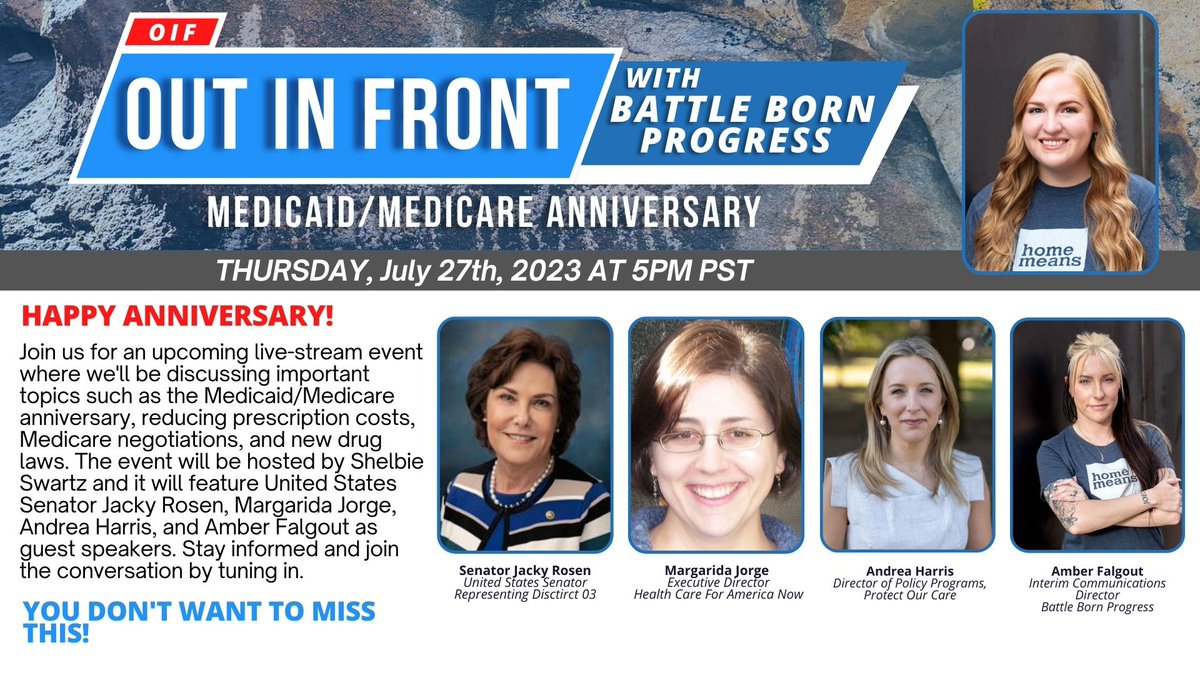 BattleBornProg's tweet photo. β³Only 1 hour until we're live with @SenJackyRosen, @MargaridaJorg17, @HCAN, Andrea Harris with @ProtectNVCare, and @FalgoutAmberMae!! Get ready for a captivating conversation on Medicaid/Medicare, prescription costs, and more. See you at 5 PM (PT)! π #OutInFrontWithBBP https://t.co/L2MJ5RJ7BP
