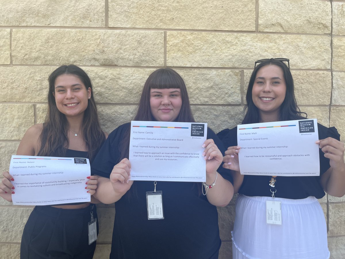 SmithsonianNMAI's tweet photo. On #NationalInternDay we want to recognize & celebrate the future leaders and innovators sharing their time, energy, and diverse talents with our museum. Photos of our summer cohort at our NYC & DC locations. Looking for an internship? Visit https://t.co/UG4qKLe7rH. #MuseumIntern https://t.co/cXOqLPGcPl
