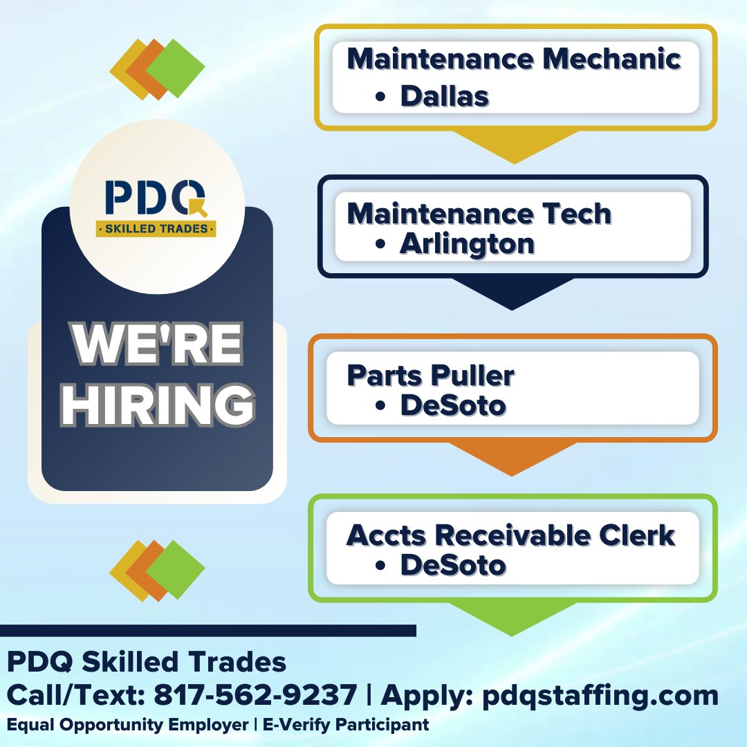 #Hiring #PartsPullers & #ARClerk in #DeSoto; #MaintenanceMechanic in #Dallas; & #MaintenanceTech in #Arlington. Apply: hubs.li/Q01ZcW9s0  Call/text Stephanie at 972-562-9237 for info. EOE #pdqskilledtrades #pdqstaffing #dfwjobs