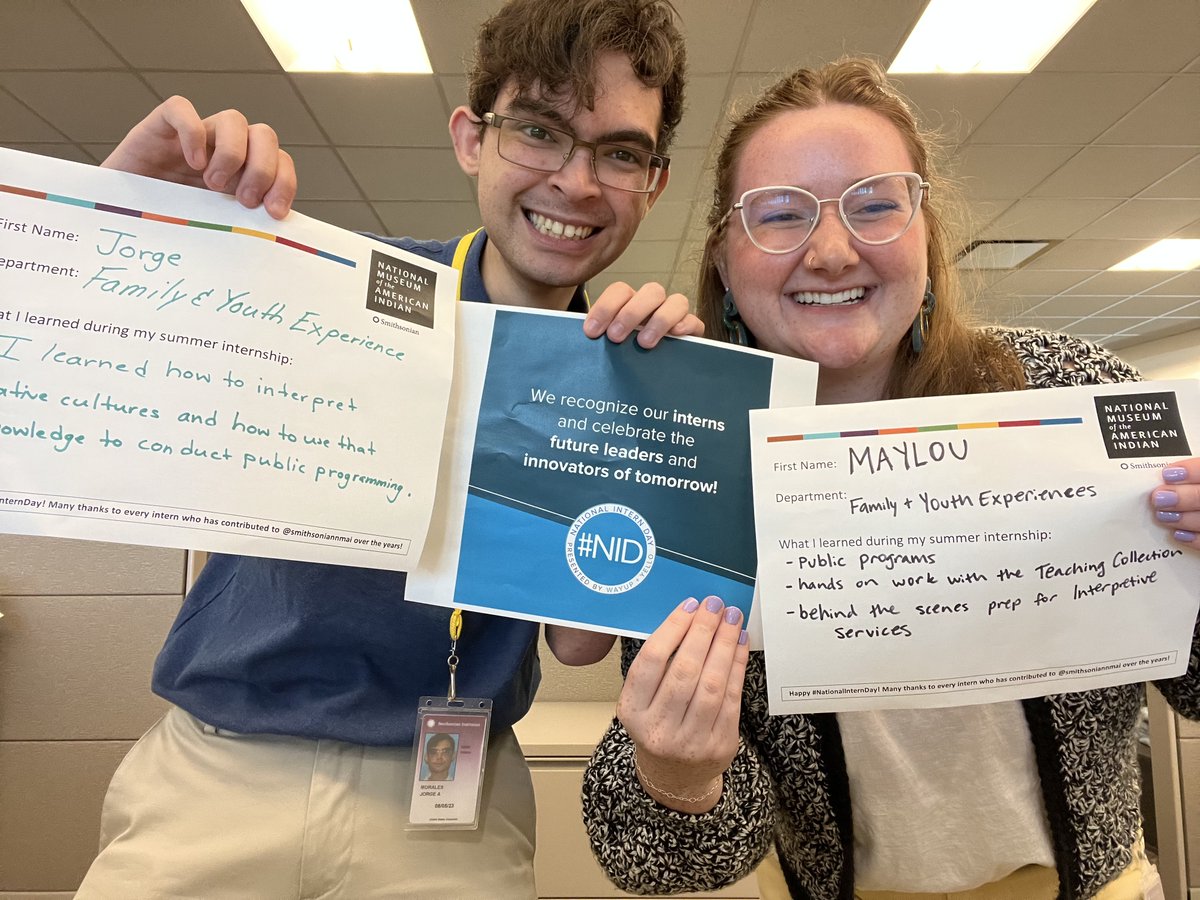 SmithsonianNMAI's tweet photo. On #NationalInternDay we want to recognize & celebrate the future leaders and innovators sharing their time, energy, and diverse talents with our museum. Photos of our summer cohort at our NYC & DC locations. Looking for an internship? Visit https://t.co/UG4qKLe7rH. #MuseumIntern https://t.co/cXOqLPGcPl