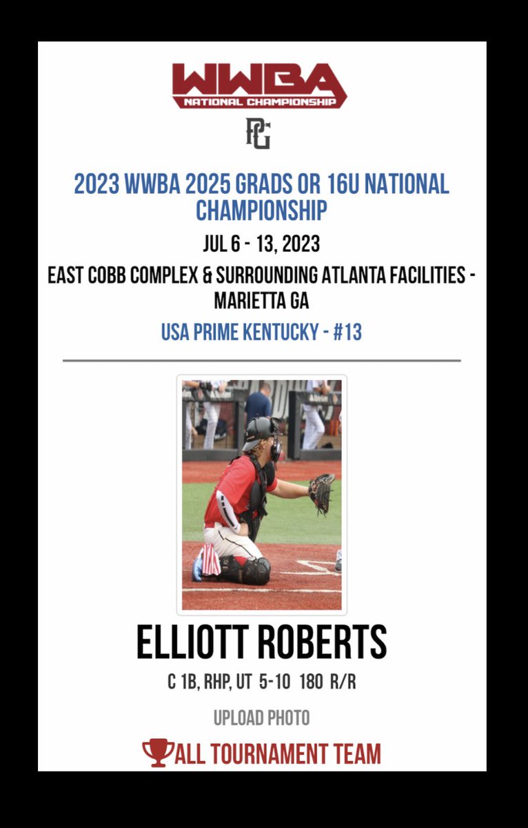 USAPRIMEKY's tweet photo. Elliott Roberts @eroberts2025 
(‘25,KY @Mount_BSB commit) Catcher @NOHSmustangs was a warrior this year catching 135 innings (95% of team’s innings) and controlled the running game.  ++blocking/receiving/arm and a bat that will play at all levels.

Congratulations on your accolades from @PerfectGameUSA for being named to the All Tournament Team for the #WWBA & also for great showings in all of the other tournaments which included @PBRKentucky @PastimeBaseball @PastimeAllScout @PSBaseballinc @PG_OhioValley @USAPrimeNat @AaronTarr4 @CoachLeoni @CoachGage_bsb