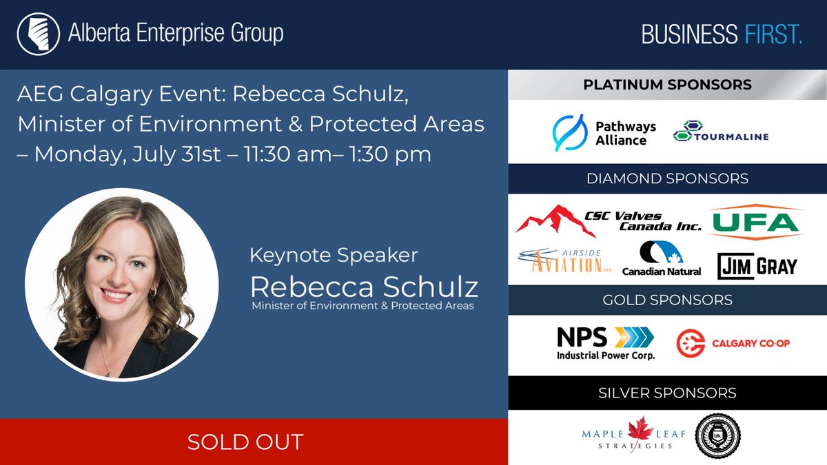 ABEnterprise's tweet photo. 🎉 SOLD OUT! 🎉 Thank you all for the incredible support! The AEG Calgary Event featuring Rebecca Schulz, Minister of Environment & Protected Areas, is now officially SOLD OUT! 🙌🔥
Let's keep the momentum going! 💚
#AEGCalgaryEvent #RebeccaSchulz #SoldOutEvent #AlbertaProud https://t.co/EAaoiP1DUb