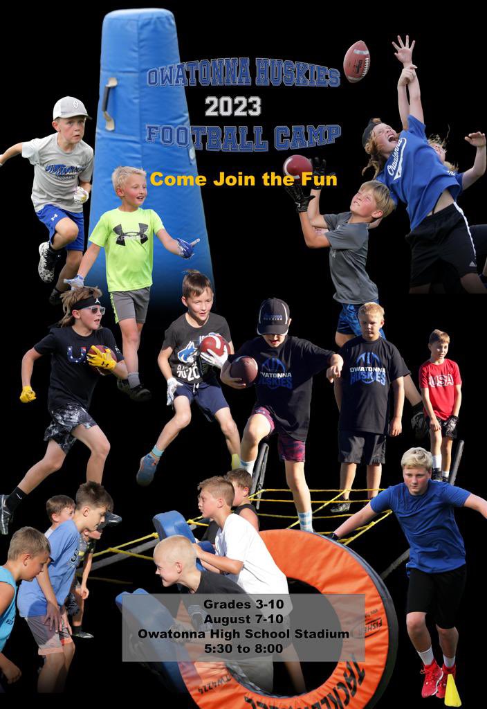 Reminder that our Owatonna Huskies Football Camp is coming up. If you haven’t registered yet or know of someone who hasn’t registered get signed up by August 7th! You can sign up using the following link: tinyurl.com/2023HuskyCamp