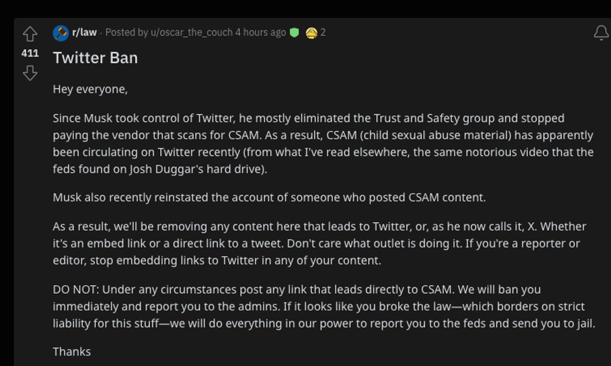 TheMcKenziest's tweet image. Oh damn - this feels like a big deal - because Phony Stark is reinstating accounts posting cp, they’re no longer allowing any linking to Twitter in r/law