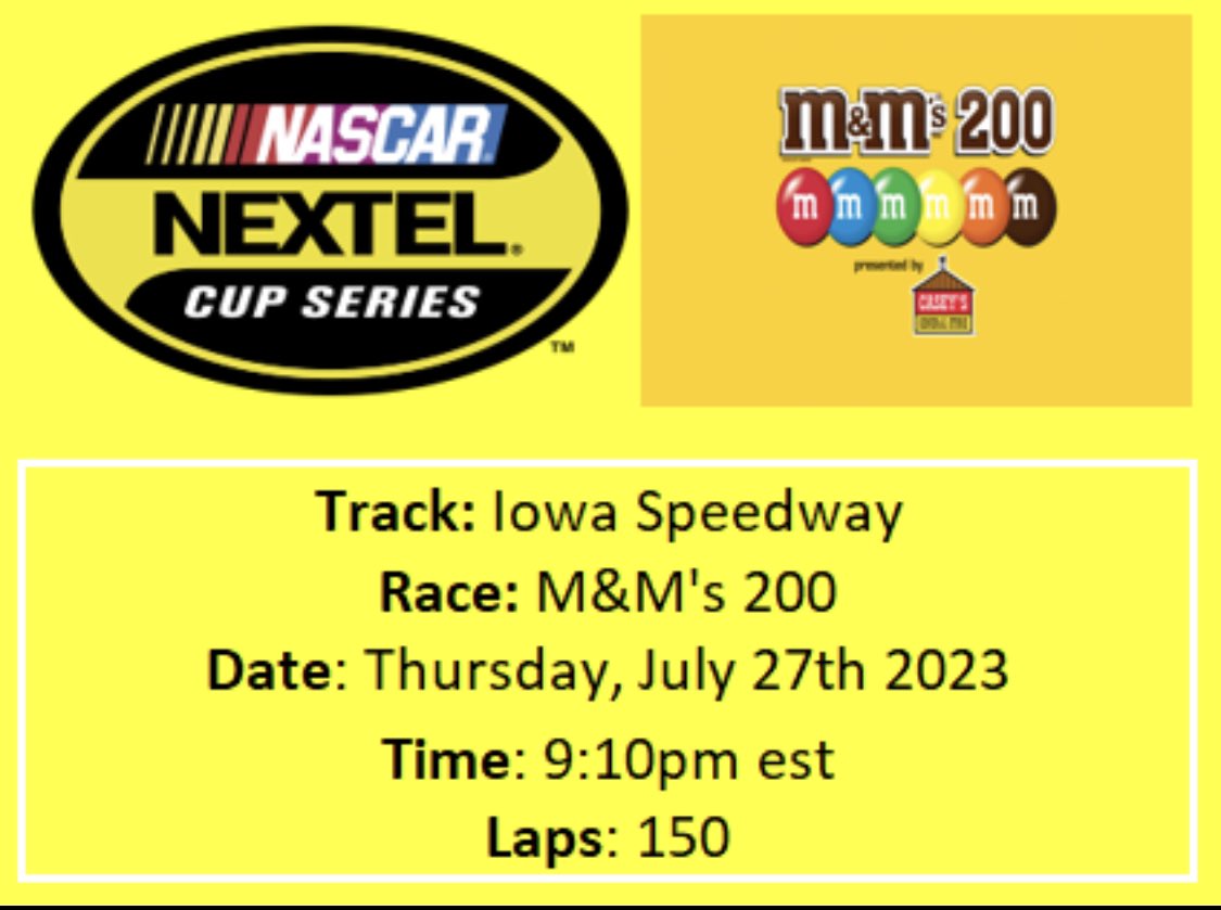 SOFALeague's tweet photo. The SofaRacing League races on iRacing at Iowa Speedway for the M&amp;M’s 200. Last time out at Iowa, Mason Thompson pass Sam Close on the last lap to get first win of the season. (Nextel Cup Series on iRacing) https://t.co/GN48Pjwvep