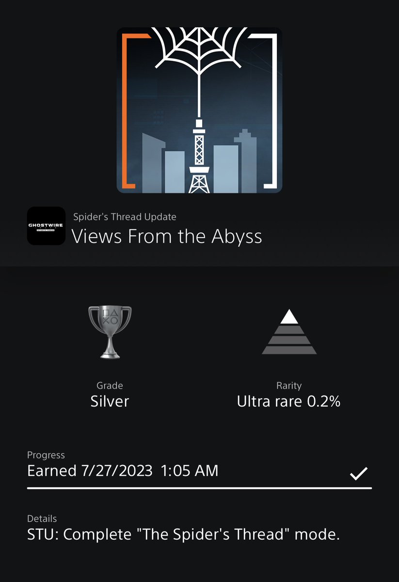 gcplathunter's tweet photo. The grind has been real these past few days 😮💨
Circled back to #GhostwireTokyo to complete The Spiders Thread DLC … whooole lotta RNG going on in it
But it’s beat! And at 0.2% & 0.1% for the final trophies, I’m happy to be among the select few 🤙🏽
#PS5Share #SpidersThread https://t.co/mI886ReWzw