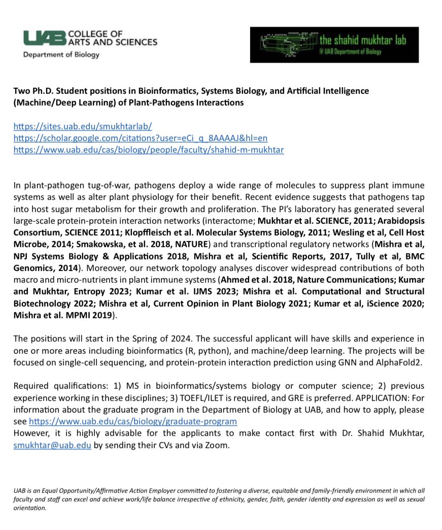 SMukhtarlab's tweet photo. Hello all, Two fully funded PhD positions are available in our lab in the area of bioinformatics and deep learning. Please have the candidates contact me with questions. Please RT. https://t.co/FHg7CSyek9