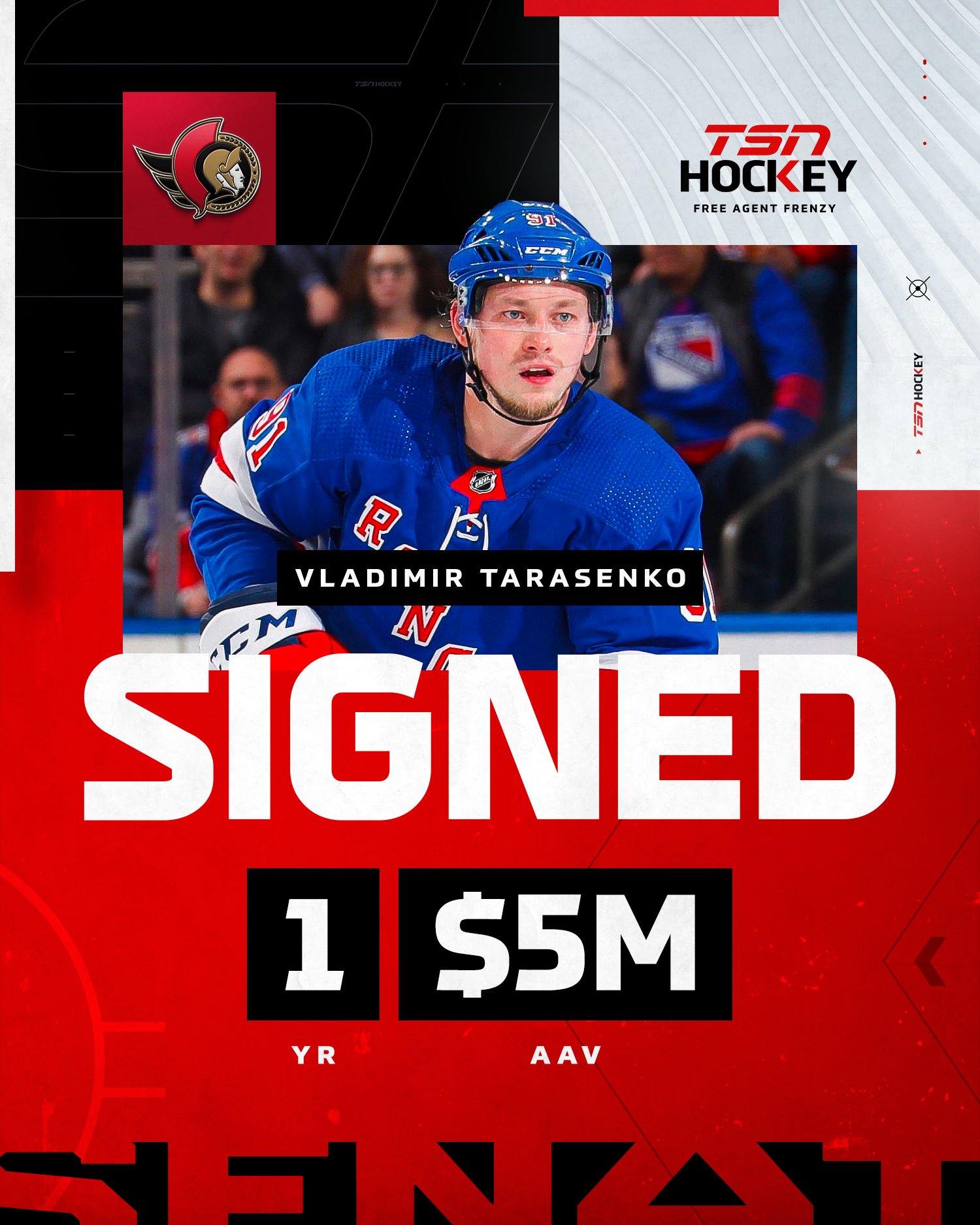 Senators sign Vladimir Tarasenko to 1-year, $5 million deal - ESPN