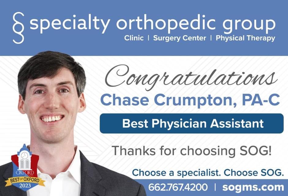 SpecialtyOrtho1's tweet image. Congratulations to Chase Crumpton, PA-C on being voted Best of Oxford's Best Physician Assistant for 2023!