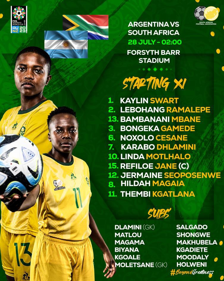 Banyana_Banyana's tweet photo. Here we go! Our Starting XI 🆚  Argentina!!!

#BeyondGreatness #FIFAWWC https://t.co/yNY3hnC0hD
