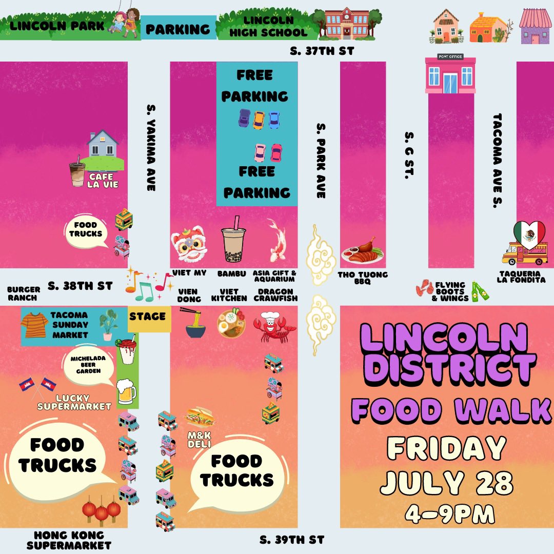AllStarVintage's tweet photo. Lincoln District Food Walk is tomorrow! We’re shutting down the block for a street food party!

✨ 25 food trucks
✨Restaurant Specials
✨Michelada beer garden 
✨ A pop up marketplace w/ vintage dealers &amp; makers
✨@loskerrys first show in Tacoma! 
 ✨Tremenda Diosa
✨ @esepaxo https://t.co/VgSdbX7ceM