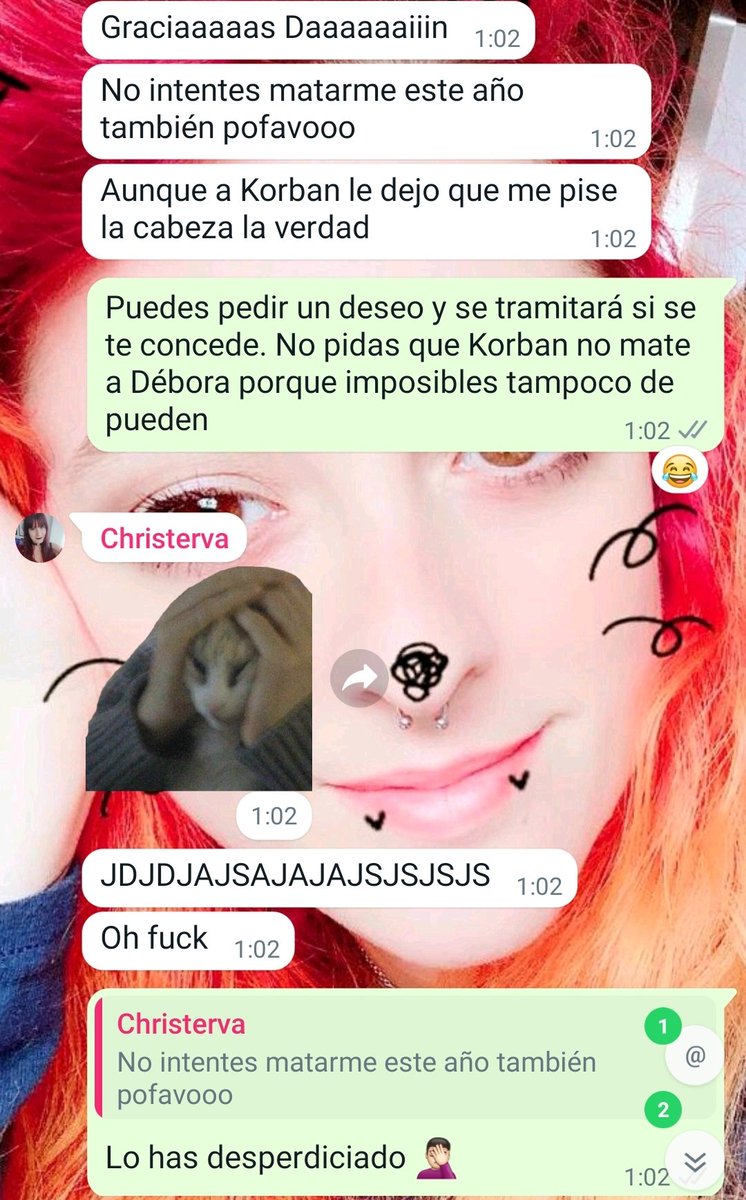 He felicitado a <a href="/Christerva/">Cristina Peña 🎙️ | Christerva 🌙🎃🎲</a> por su cumple un poco tarde y... vengo a exposearla 😏
PD. Lili tiene a Korban de fondo de whatsapp pero poco se habla del mío maravilla