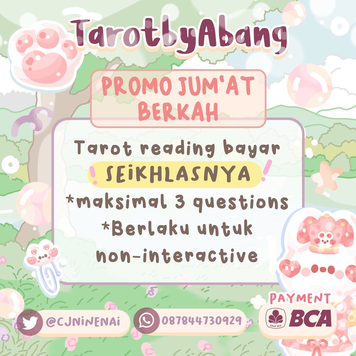 cjninenai's tweet photo. Selamat selamat SELAMAT PAGI BUBUBS!! ABANG ADA KABAR GEMBIRA NIE, SETIAP HARI JUMAT ABANG ADA PROMO JUM'AT BERKAH!! YUK DISERBUUU😼🔥!!
#zonajajan #zonauang️ #zonaba #jasatarot https://t.co/xe1hru4IVe