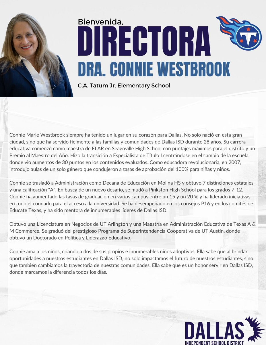 Rosa Elva Hernandez (@rehdz79) on Twitter photo ¡Ayúdenme a darle la bienvenida a la Dra. Connie Westbrook, la nueva directora de la escuela primaria Tatum! Ella viene con una gran cantidad de experiencia y conocimientos de Dallas ISD. ¡Bienvenido!
@MRamirezDISD <a href="/THuittDISD/">Tiffany Huitt</a> <a href="/DallasISDSupt/">Dr. Stephanie S. Elizalde</a> <a href="/dallasschools/">Dallas ISD</a> <a href="/CWestbrook_UT/">Dr. Connie Westbrook</a> ¡Ayúdenme a darle la bienvenida a la Dra. Connie Westbrook, la nueva directora de la escuela primaria Tatum! Ella viene con una gran cantidad de experiencia y conocimientos de Dallas ISD. ¡Bienvenido!
@MRamirezDISD <a href="/THuittDISD/">Tiffany Huitt</a> <a href="/DallasISDSupt/">Dr. Stephanie S. Elizalde</a> <a href="/dallasschools/">Dallas ISD</a> <a href="/CWestbrook_UT/">Dr. Connie Westbrook</a>