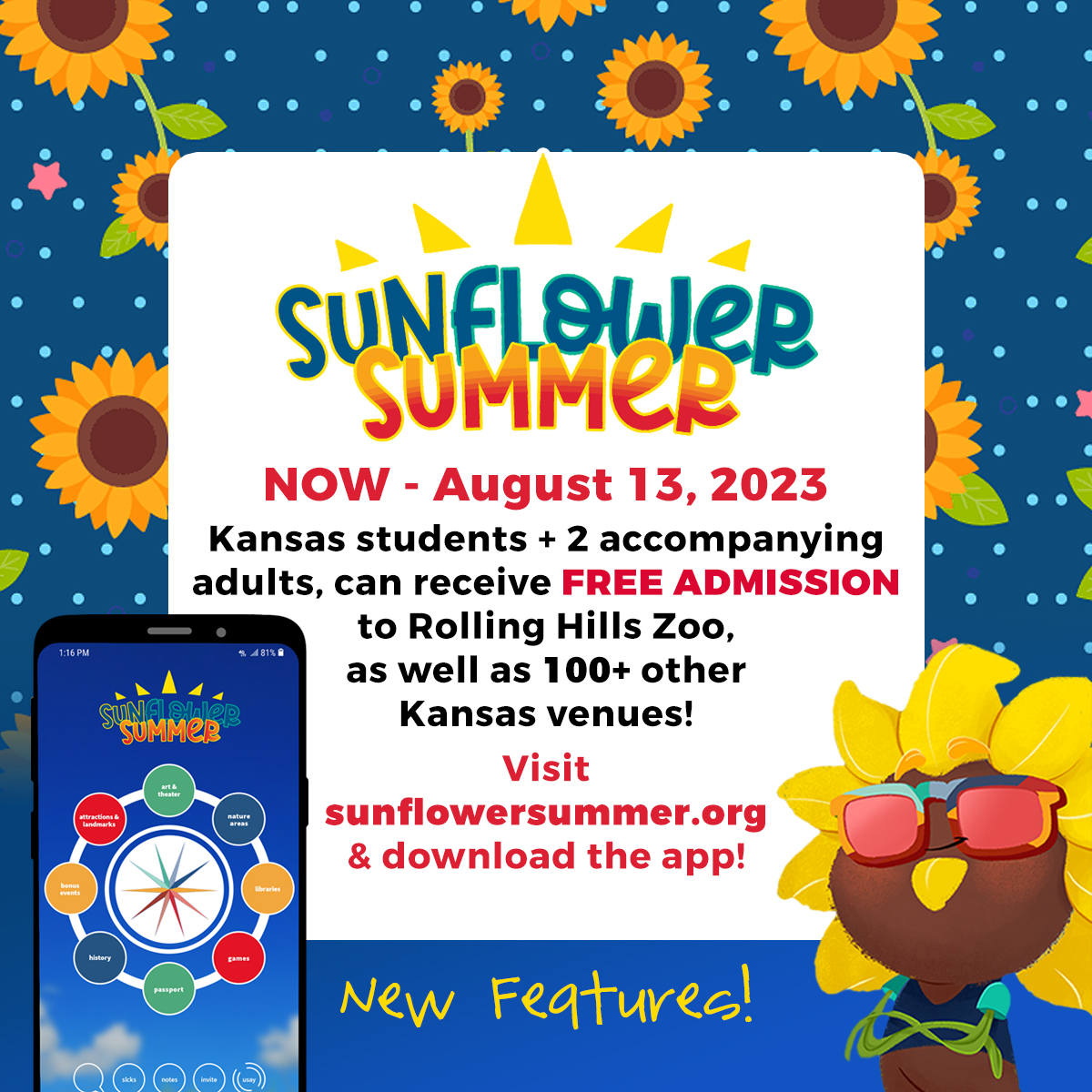 RollingHillsZoo (@rhzoo) on Twitter photo Your family can visit #RollingHillsZoo for FREE thanks to <a href="/ksdehq/">KS Dept of Education</a>'s Sunflower Summer! All Kansas students (K-12) + 2 adults can receive FREE admission to RHZ & 100+ other Kansas venues, now thru Aug 13! Visit sunflowersummer.org or download the app for more info! Your family can visit #RollingHillsZoo for FREE thanks to <a href="/ksdehq/">KS Dept of Education</a>'s Sunflower Summer! All Kansas students (K-12) + 2 adults can receive FREE admission to RHZ & 100+ other Kansas venues, now thru Aug 13! Visit sunflowersummer.org or download the app for more info!