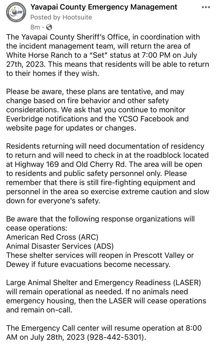 YavapaiOEM's tweet photo. With evacuations lifted for the #GrapevineFire, we are closing our Red Cross and Animal Disaster Service Shelters. LASER will remain open, as needed as the area remains in SET. https://t.co/UTP5KRLMJ8