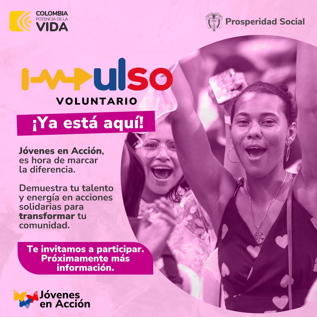 RentaJoven's tweet photo. ¡Ya está aquí! 
Atención #JóvenesEnAcción pueden hacer parte del cambio y hacer la diferencia. 
Próximamente te daremos más información sobre Impulso Voluntario. 🥳 https://t.co/budu7VXAO6