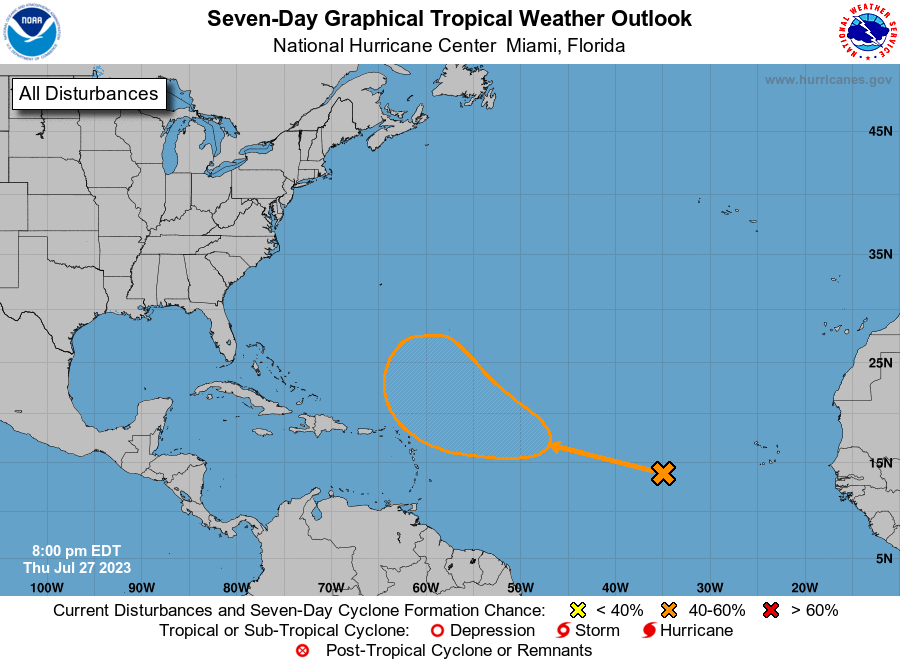 8PM EDT 27 Jul: A tropical wave in the tropical Atlantic has a medium (🟠) chance of development,  while the system moves west-northwest during the next 7 days. For more information visit hurricanes.gov