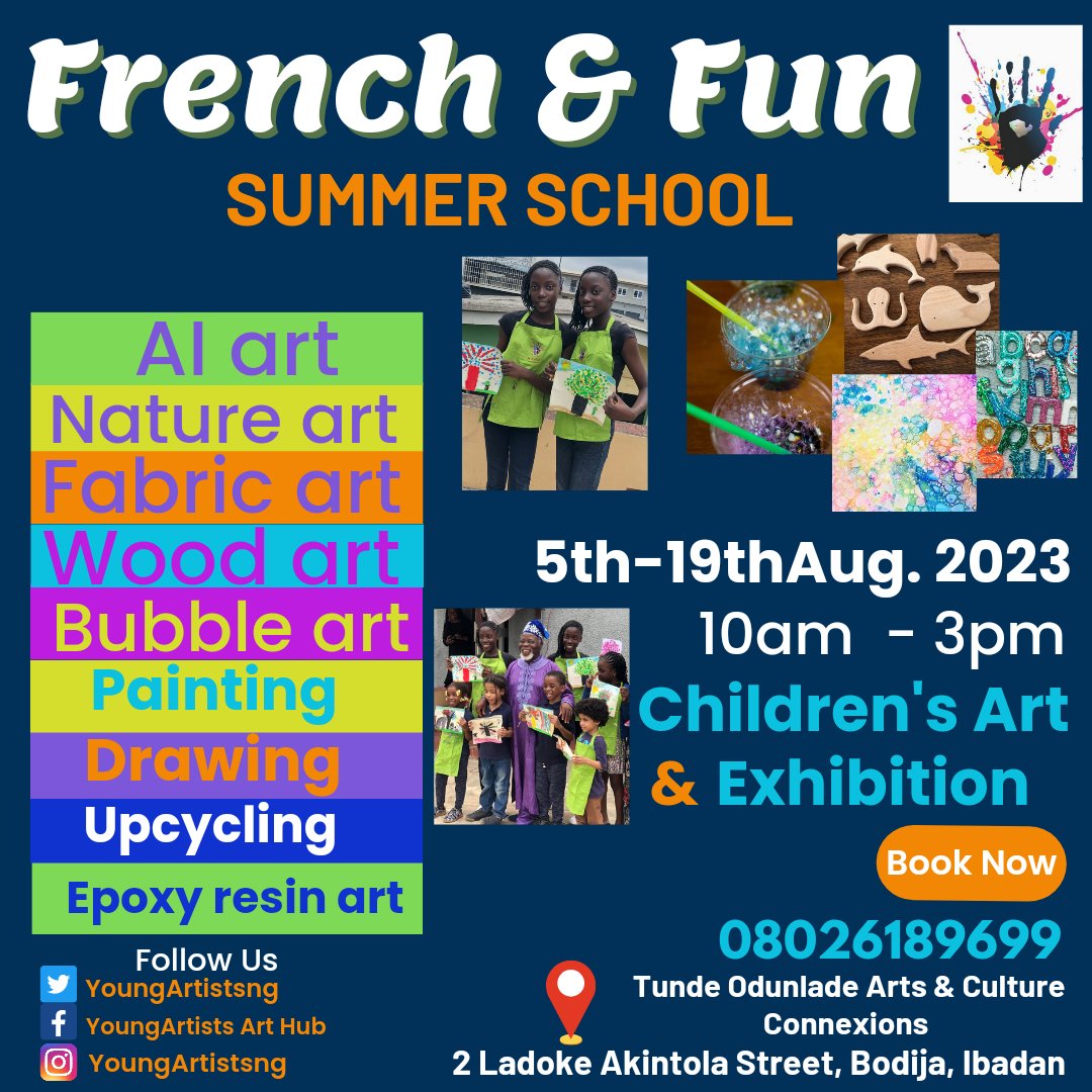 French and Fun Summer School 5th-19th Aug. 10am - 3pm at Tunde Odunlade Art & Culture Connexions. Register today
#whatsupibadan #madeinnaija #9ja #youngartists