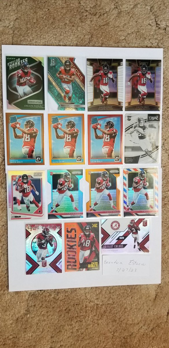 estaciocollect's tweet photo. Optic red 18/99 jersey/color $250
Optic Orange /199 $60
Select Black 1/1 $300
Prizm blue /199 $65
Prizm orange /249 $60
Select white /75 $75
Spectra blue/35 $75
Stellar rc /5 $75
score silver /99 $35
Xtreme /25 $40
Prizm RWB $25
Optic bronze $30
Select silver $20
Bama /40 $25ea https://t.co/spSYajMOtN