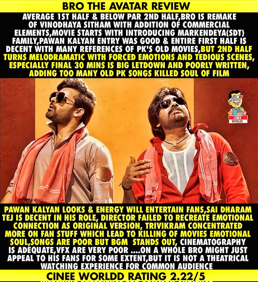 Cinee_Worldd's tweet image. #BroTheAvatar - More Spoofs Less Story 👎

#PawanKalyan #SaiDharamTej #Trivikram #Thaman #KethikaSharma #Cinee_WorlddReview #Cinee_Worldd