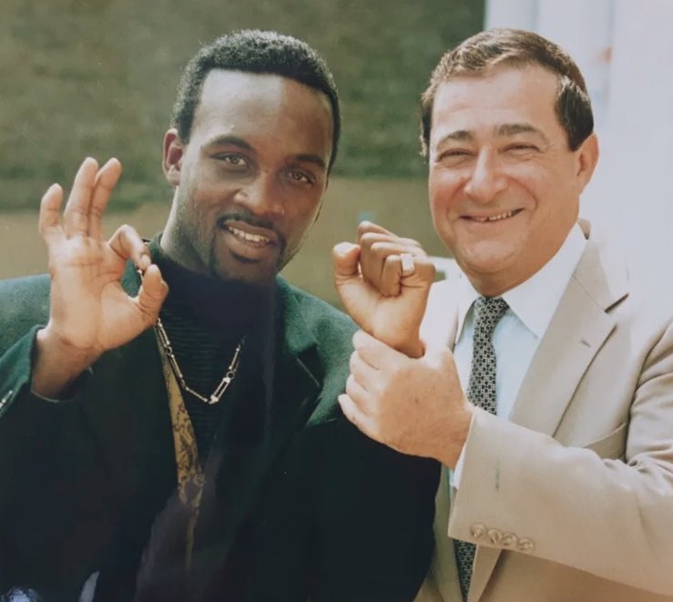 McCleaveBoxing's tweet image. Middleweight marvel Nigel Benn alongside Bob Arum, promoting a bout with Iran Barkley in Vegas