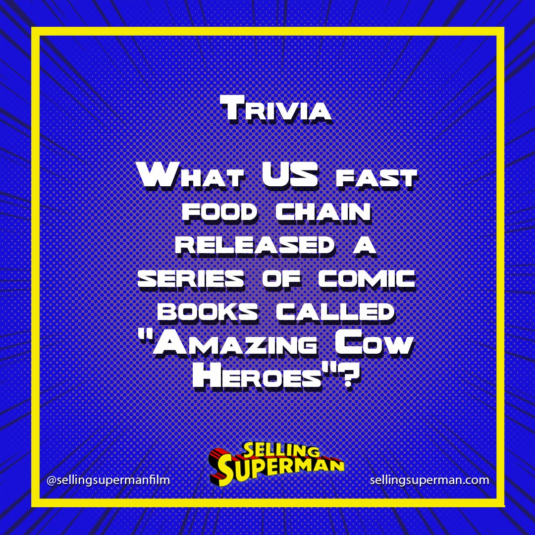 SellSupermanDoc's tweet photo. Hint: the comics featured characters like Gristle Missle, and Cowborg

#sellingsuperman #documentary #comics #trivia #fastfood #food #comictrivia #funfacts #didyouknow

Trailer for SELLING SUPERMAN, the documentary - link in bio. Join our email list for scholarships, and news https://t.co/iwLhVfHYKu