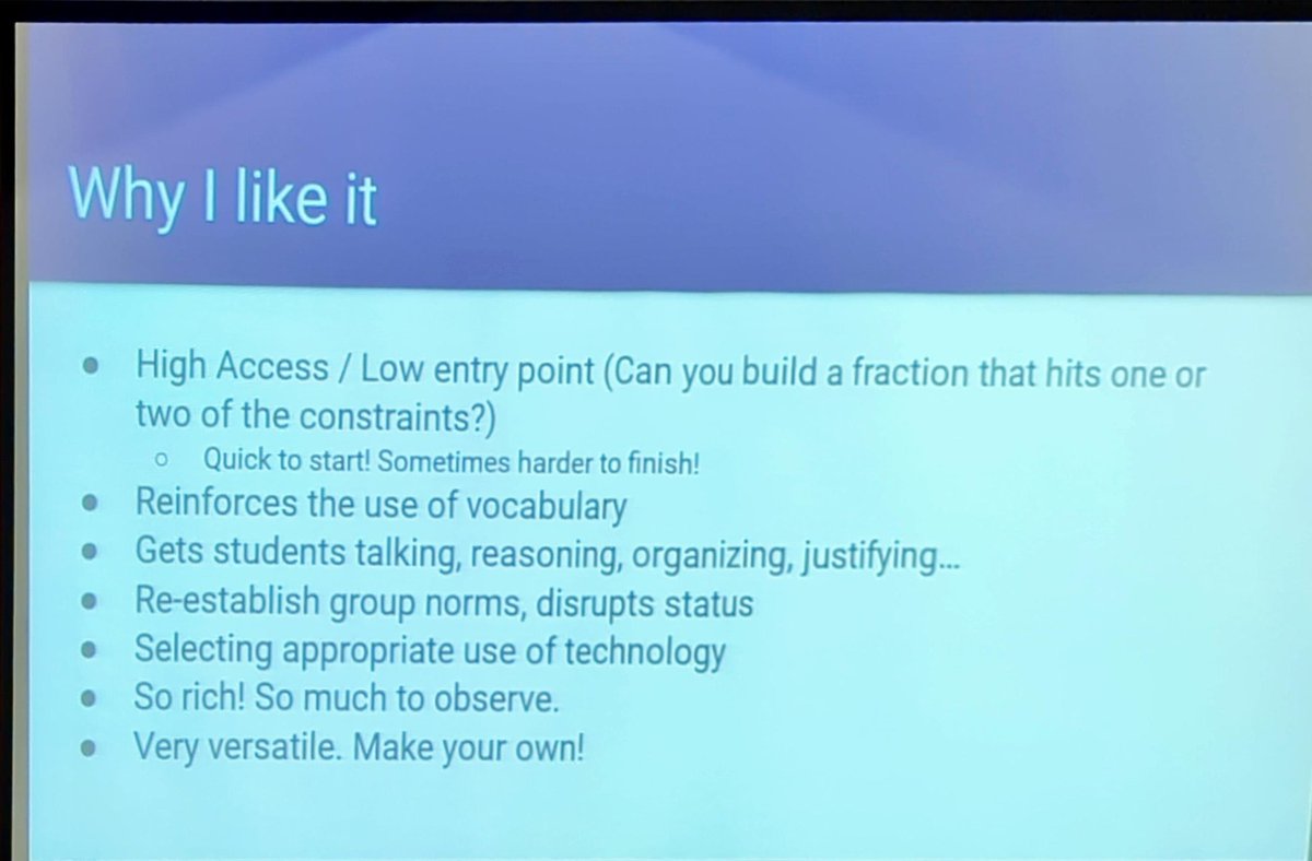 calarmstrong's tweet photo. Robin shares "Menu Math" with an example involving fractions...how few fractions can you use to meet all the criteria?
How few parabolas to meet all these (other) criteria? Quadrilateral? Linear relations? Data sets? Functions in calculus? Etc. 
#pcmisummer #mtbos https://t.co/BlfJ0xpCH1