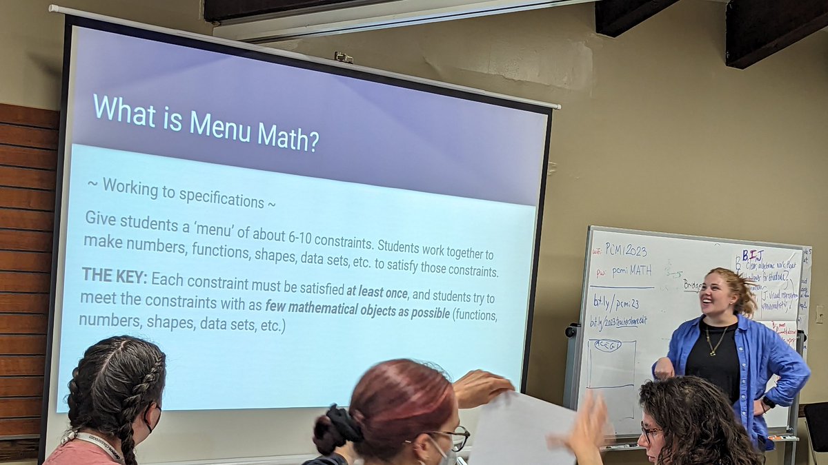 calarmstrong's tweet photo. Robin shares "Menu Math" with an example involving fractions...how few fractions can you use to meet all the criteria?
How few parabolas to meet all these (other) criteria? Quadrilateral? Linear relations? Data sets? Functions in calculus? Etc. 
#pcmisummer #mtbos https://t.co/BlfJ0xpCH1