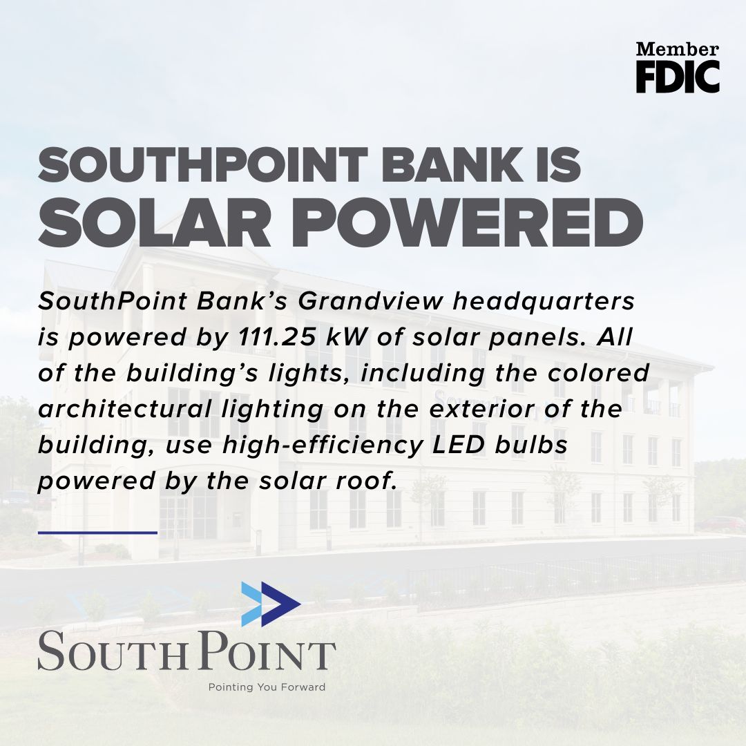 SouthPointBank's tweet photo. Did you know... Our Grandview headquarters is powered by 111.25 kW of solar panels ☀️
 
At SouthPoint Bank, we harness the power of the sun to fuel our operations. We're proud to be green and committed to sustainable energy!

Learn more and see our impact: https://t.co/fT920mhZyN https://t.co/5J86WEKn1q