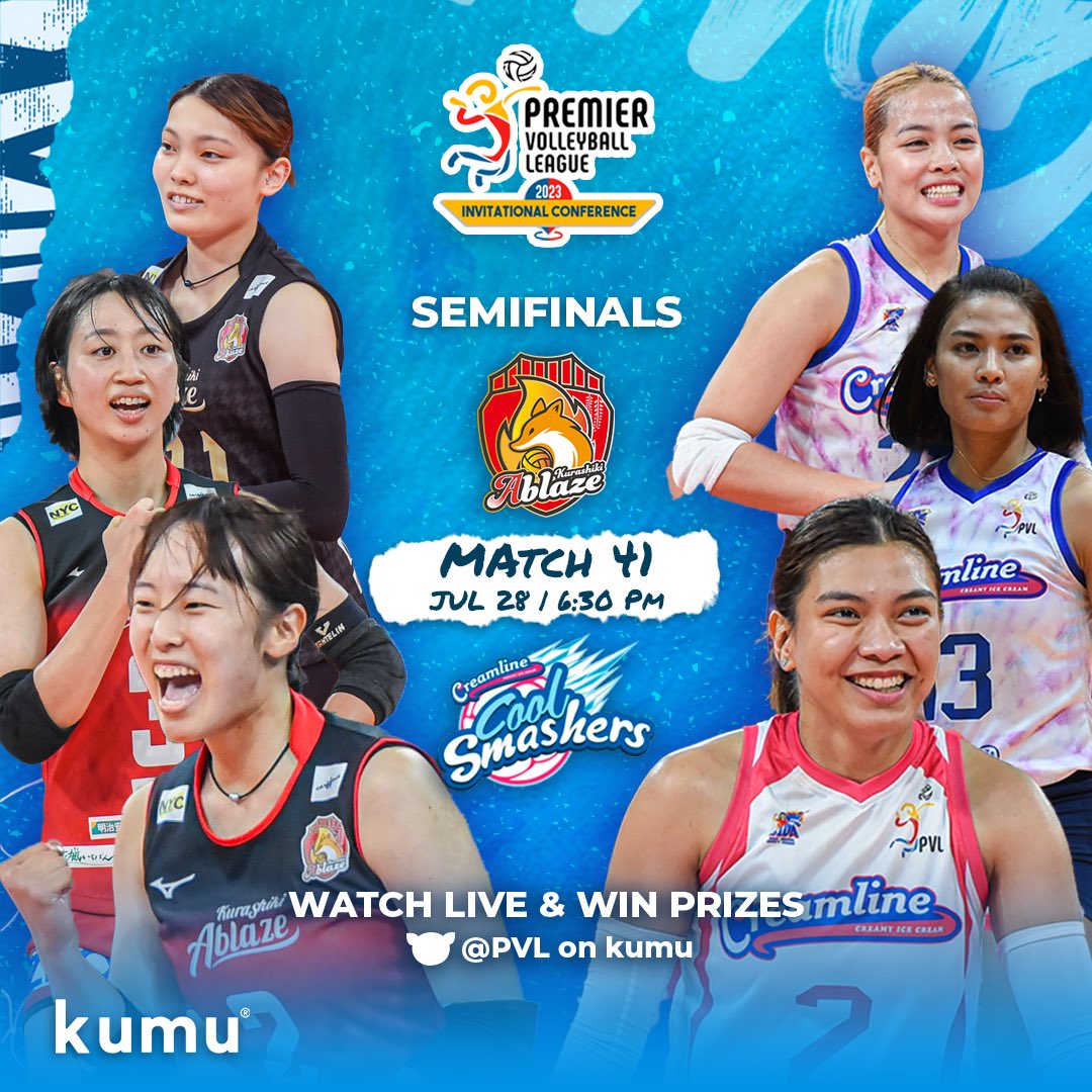 Battle of the undefeated! 🔥

Creamline Coolsmashers vs. Kurashiki Ablaze today at 6:30PM PHT only here <a href="/pvl/">Pedro Lima</a> channel.

Vote for your favorite teams by PVL Win and Champ and get a chance to win finals ticket and limited kumu volleyball shirt 🤩

See you, PVL Kumunity!

#pvlonkumu