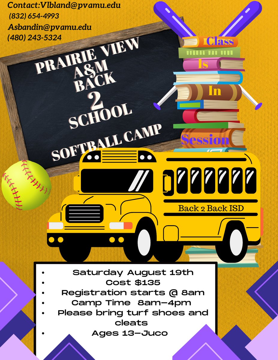 pvamusoftball's tweet photo. Start your school year off right with a BACK 2 school camp with the BACK 2 BACK SWAC CHAMPS https://t.co/hnYyUBG1TL